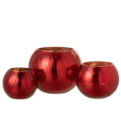 J-Line windlicht Bol Parel Effect  - kaarshouder - glas - rood - large (set van 3 stuks large)