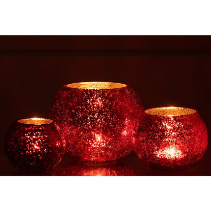 J-Line windlicht Bol Parel Effect  - kaarshouder - glas - rood - large (set van 3 stuks large)