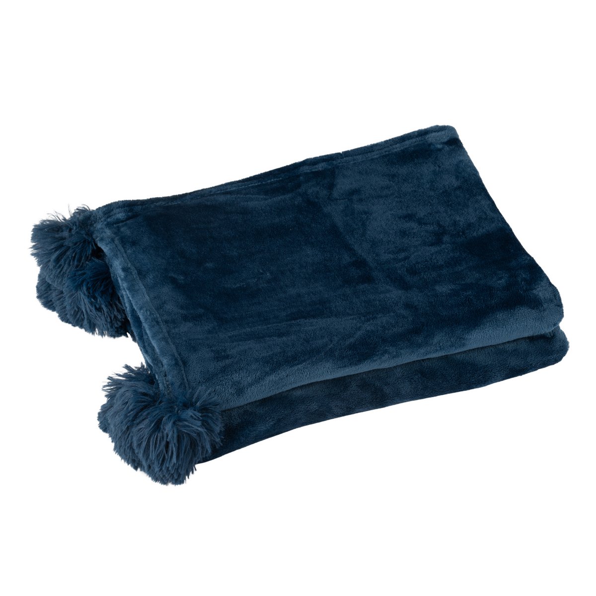 J-Line Plaid Pompom - polyester - blauw - 170 x 130 cm